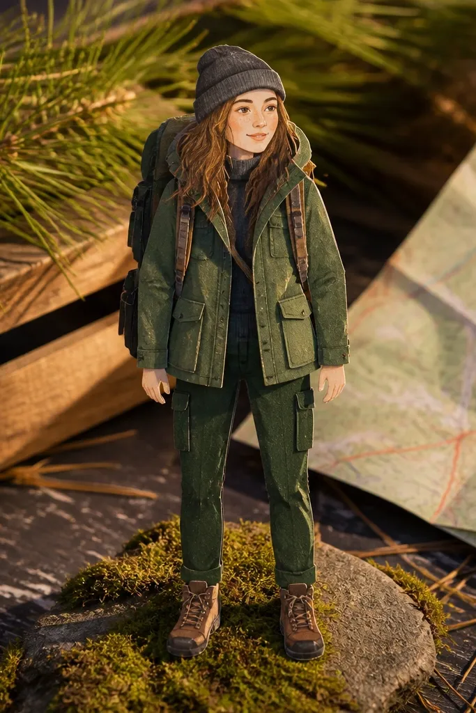 Paper doll in camping outfit with beanie and backpack straps