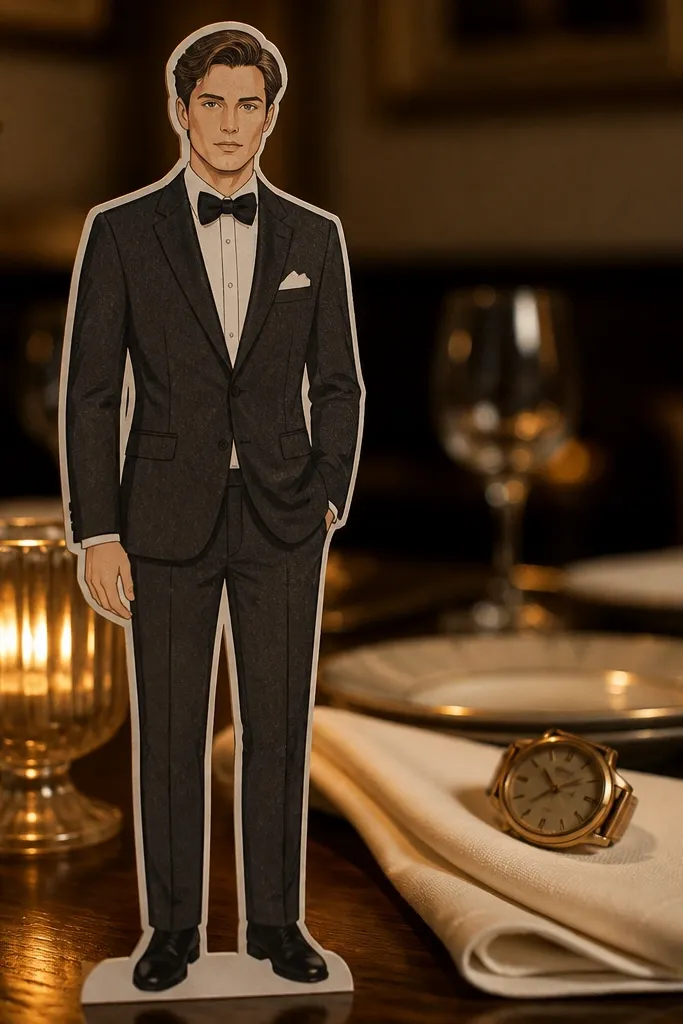 Paper doll in a formal suit with bow tie and pocket square insert