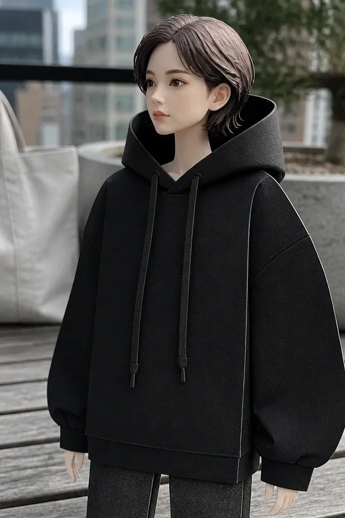 Paper doll wearing an oversized hoodie with separate drawstrings