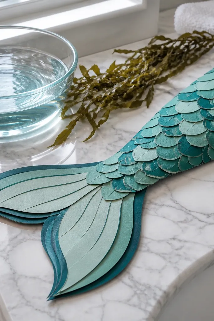Paper doll with mermaid tail showing scale overlay and layered flukes