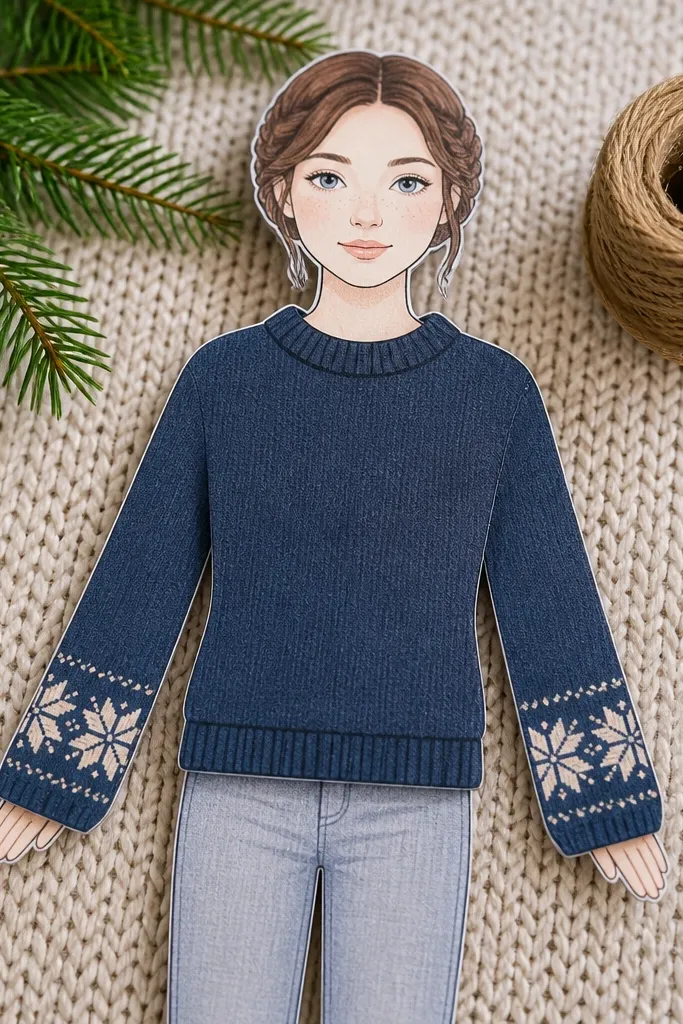 Paper doll in knit sweater with snowflake cuff bands