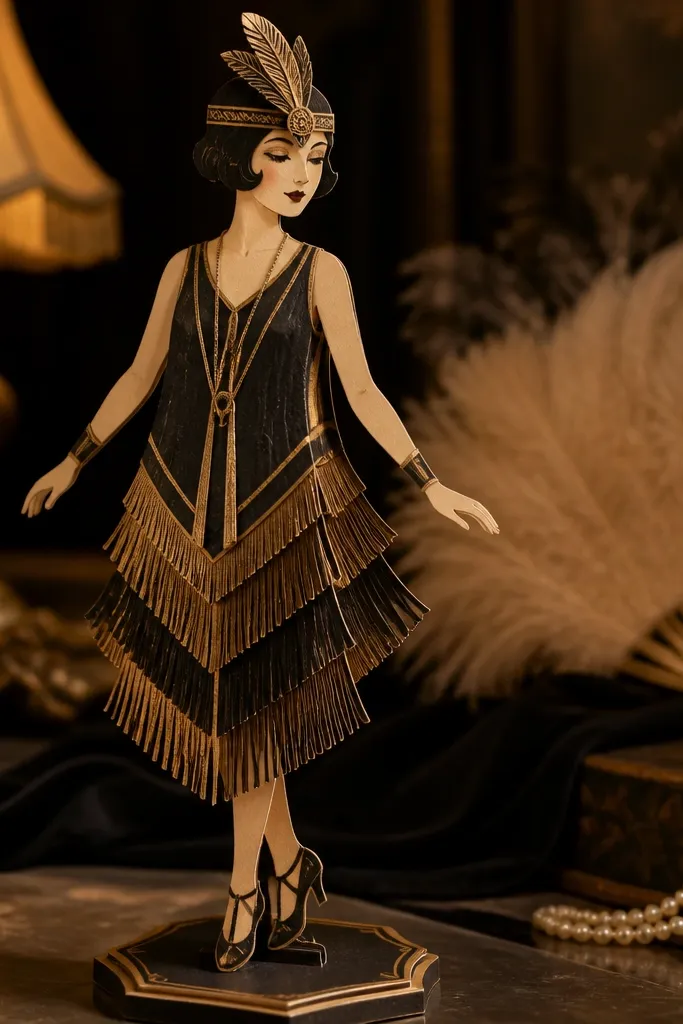 Paper doll in flapper dress with fringe strips and headband
