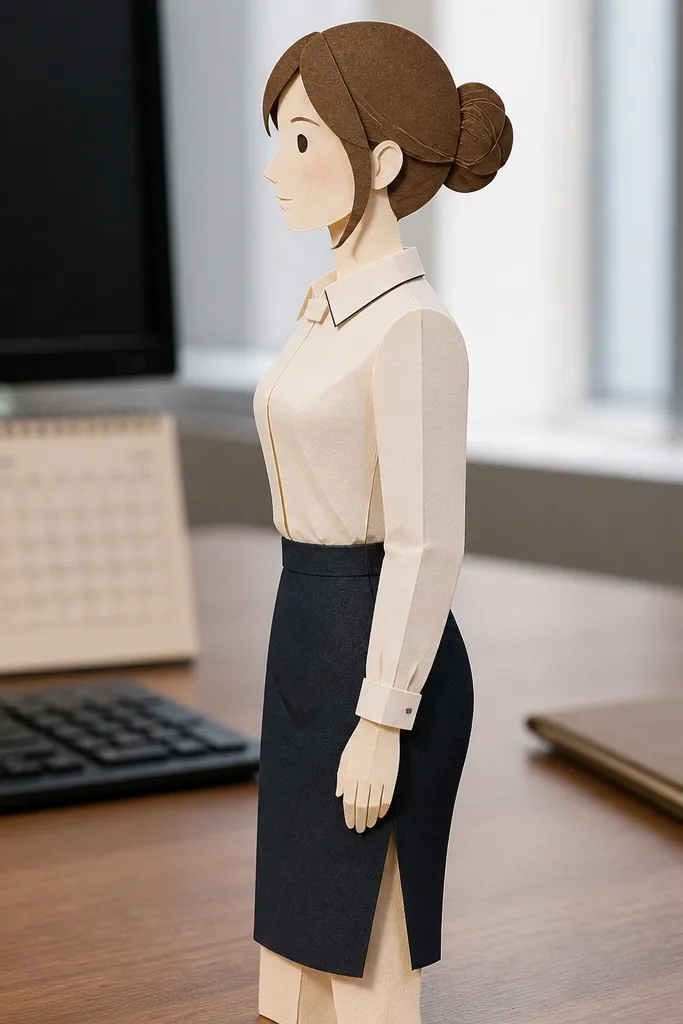 Paper doll in office blouse with collar tabs and pencil skirt slits