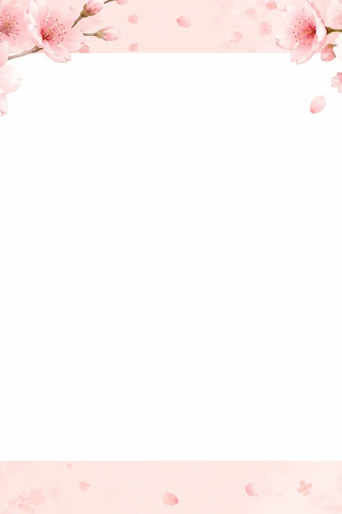 A soft blush-pink frame with illustrated cherry blossom petals at the top corners and a faint petal pattern fading toward the edges. The center is a clean rectangular opening with rounded corners.