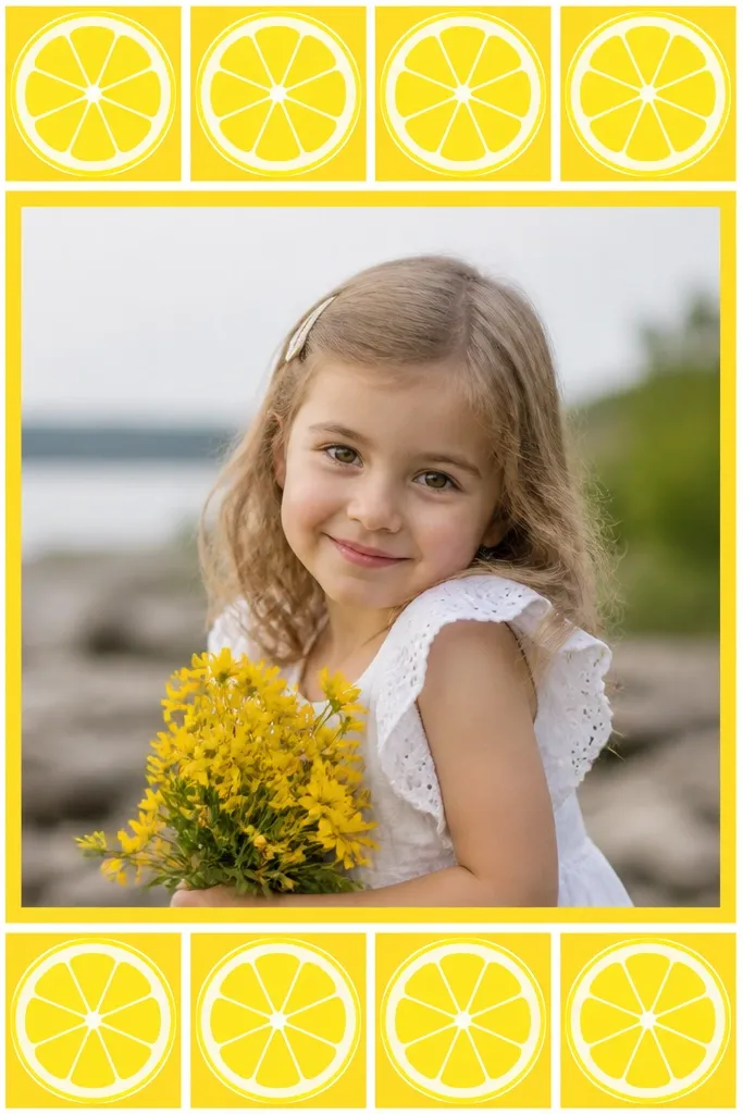 A bright yellow frame with a repeating lemon-slice icon pattern in the border area. The photo opening is centered, and thin white lines separate the icons for a crisp look.