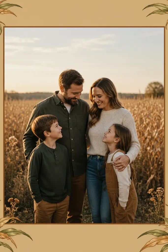 A warm tan border with illustrated corn stalks in the corners and a subtle repeating leaf pattern on the sides. The center photo opening is rectangular with a thin darker-brown inner border.
