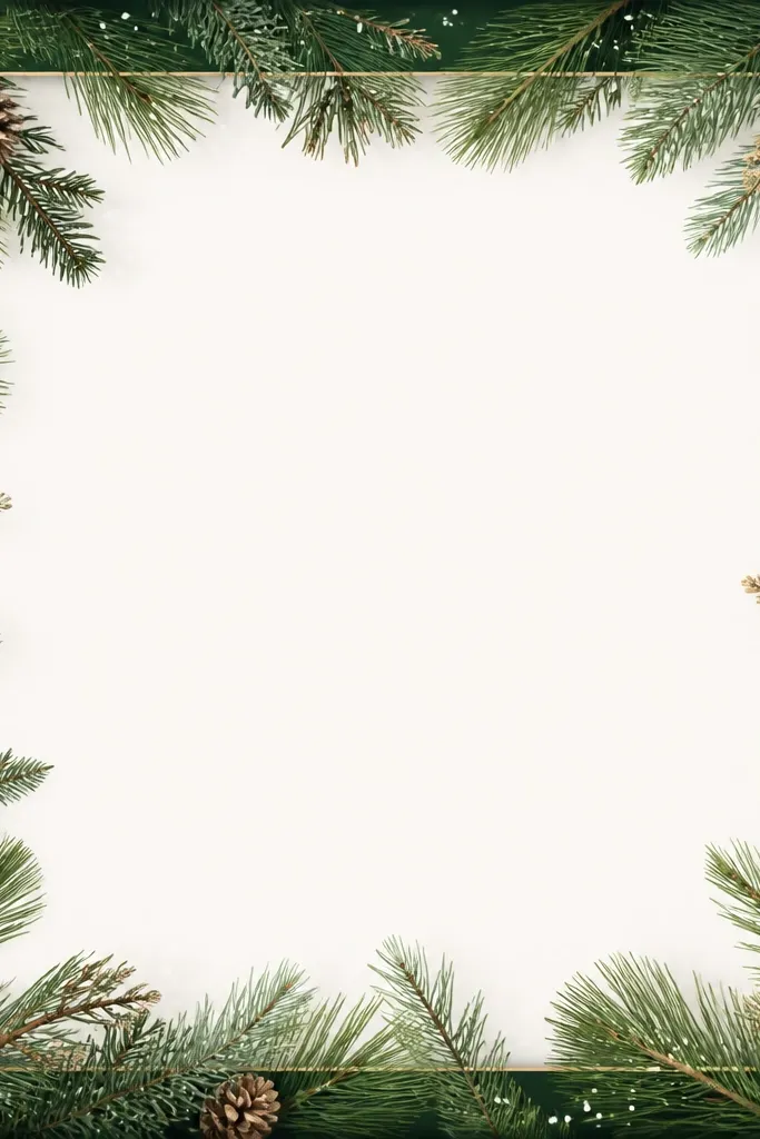 A forest-green border with illustrated pine branches curling inward from all four sides. Tiny white dot accents mimic snow, and the center has a clean opening with a thin cream inner line.