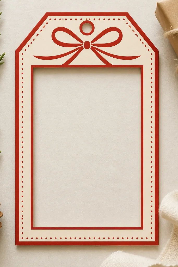 A red-and-cream border shaped like a gift tag, with small bow illustration at the top. The center opening is rectangular and centered, with a dotted decorative edge around the outer border.