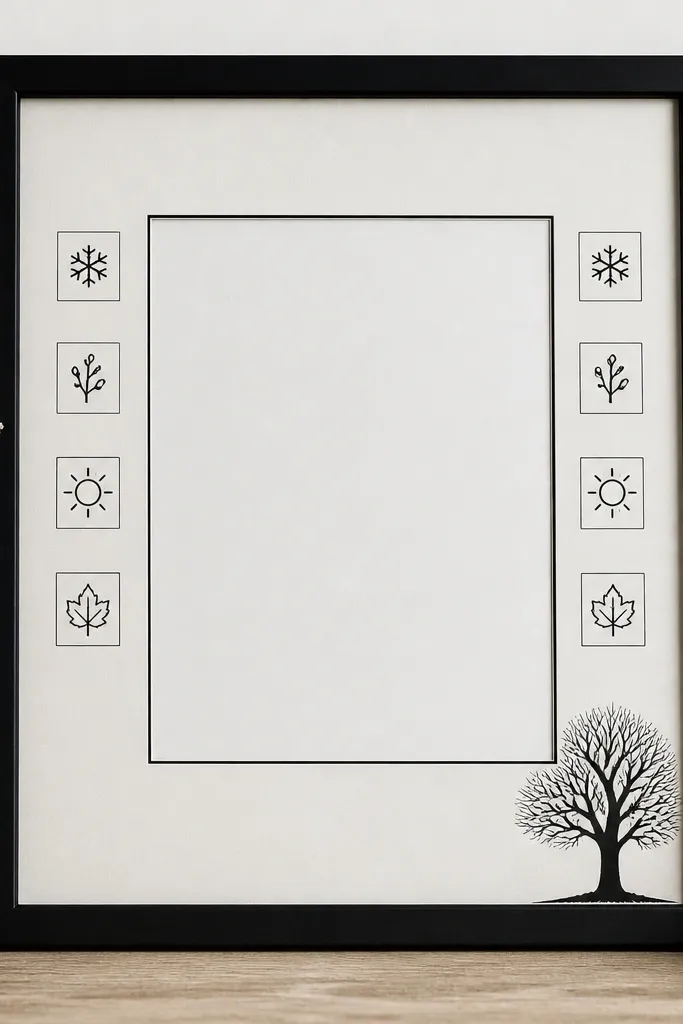 A black-and-white frame with a simple seasonal icon strip: tiny calendar squares along the sides and one large minimal icon in a corner. The center opening is rectangular with a thin black inner line.