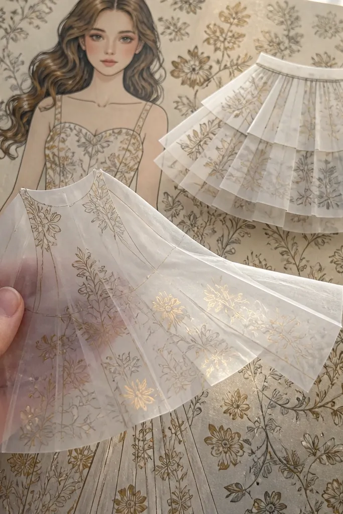 Translucent sheet with printed clothing shapes that layer over darker paper