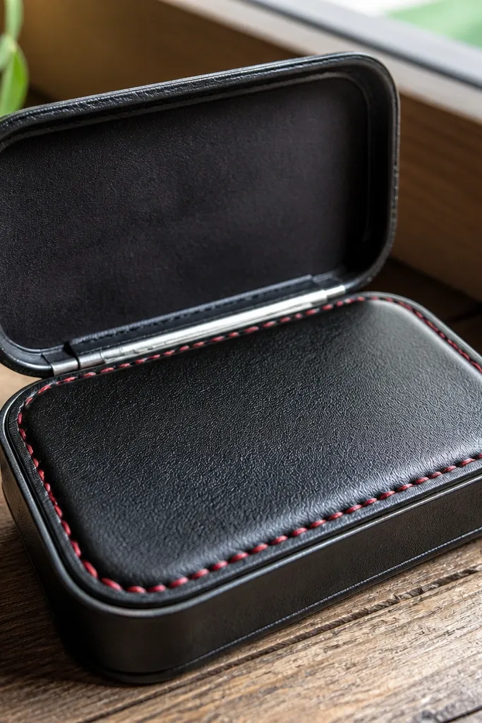 Black vinyl Altoids wallet with a red stitched border line on the front