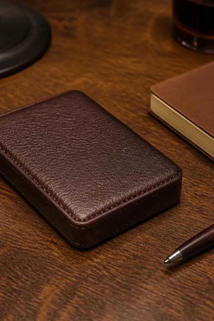 Chocolate brown faux leather Altoids wallet with clean wrapped edges