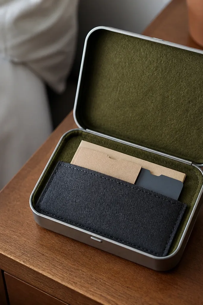 Olive felt Altoids wallet with a small contrast pocket on the inside