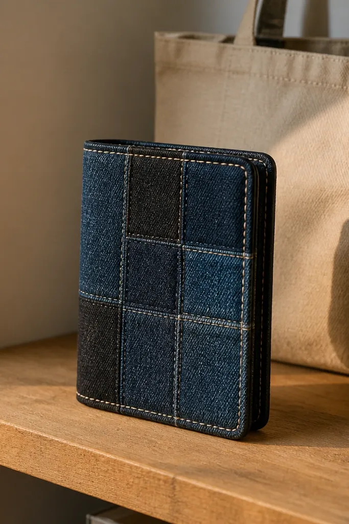 Navy denim Altoids wallet with two stitched denim patch panels on the lid