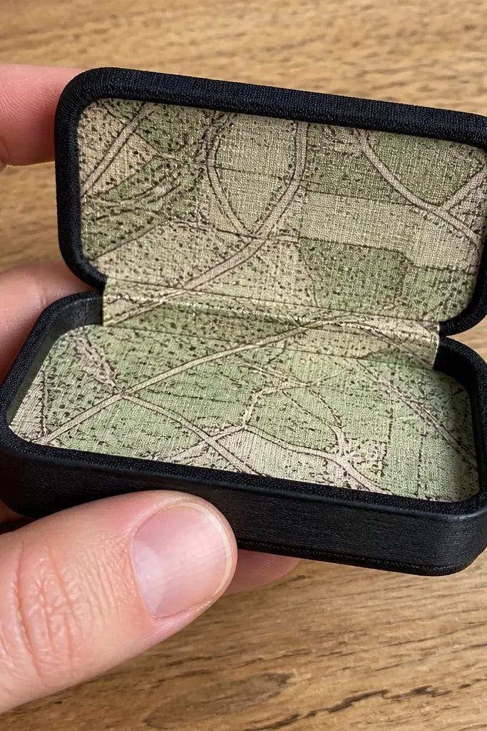 Map-print fabric Altoids wallet with black binding along the edges