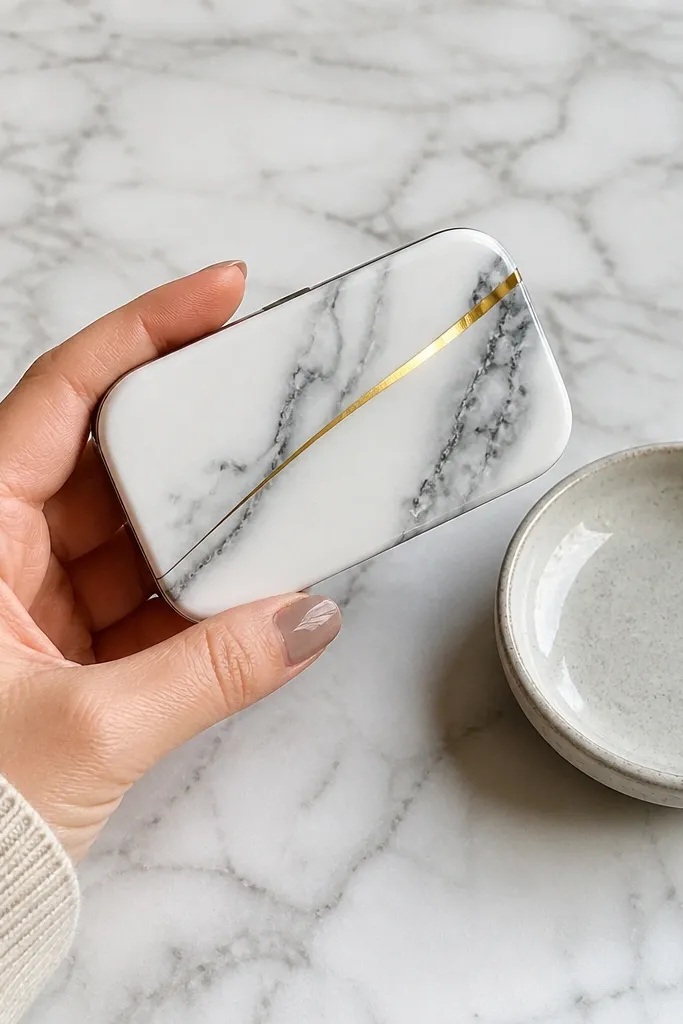 White marble-look Altoids wallet with a thin gold foil strip on the front