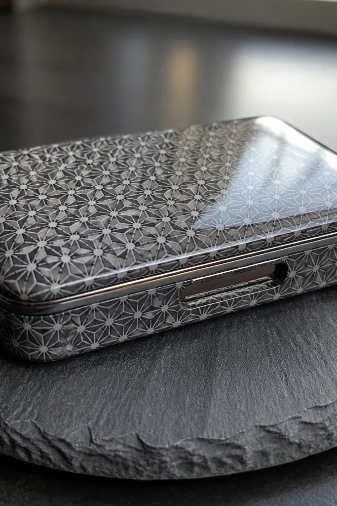 Black and gray geometric patterned Altoids wallet with a smooth finish