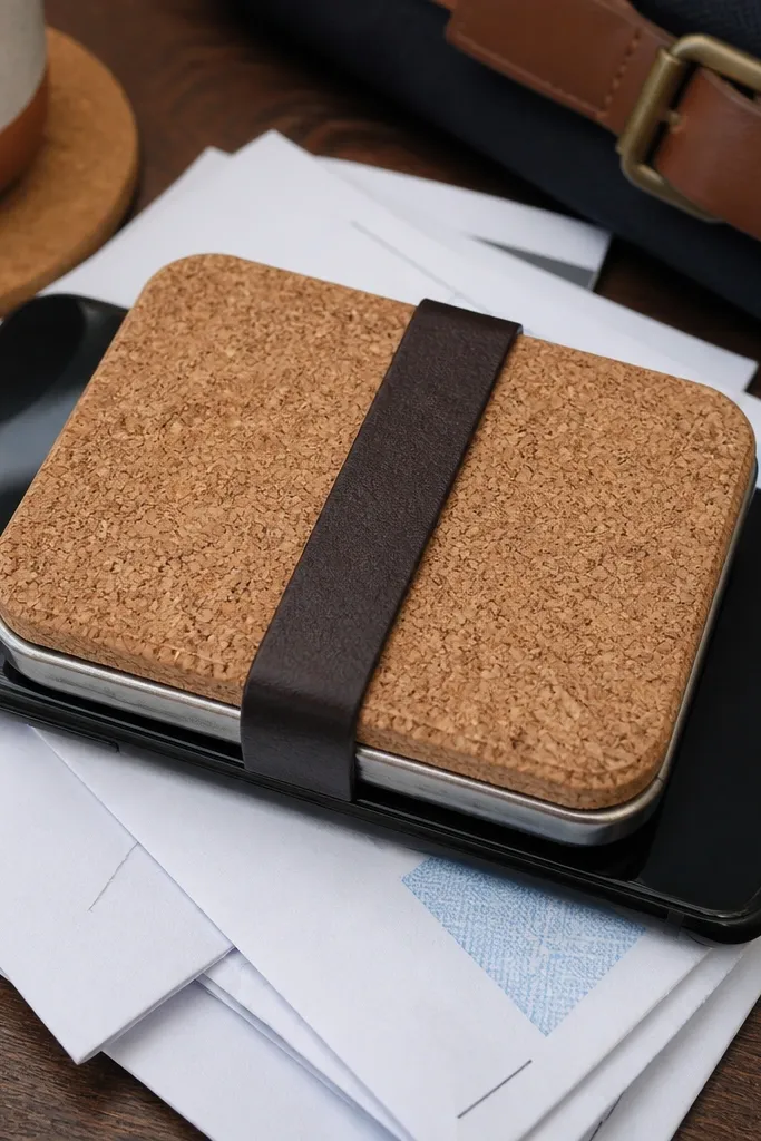Cork exterior Altoids wallet with a skinny leather strap across the front