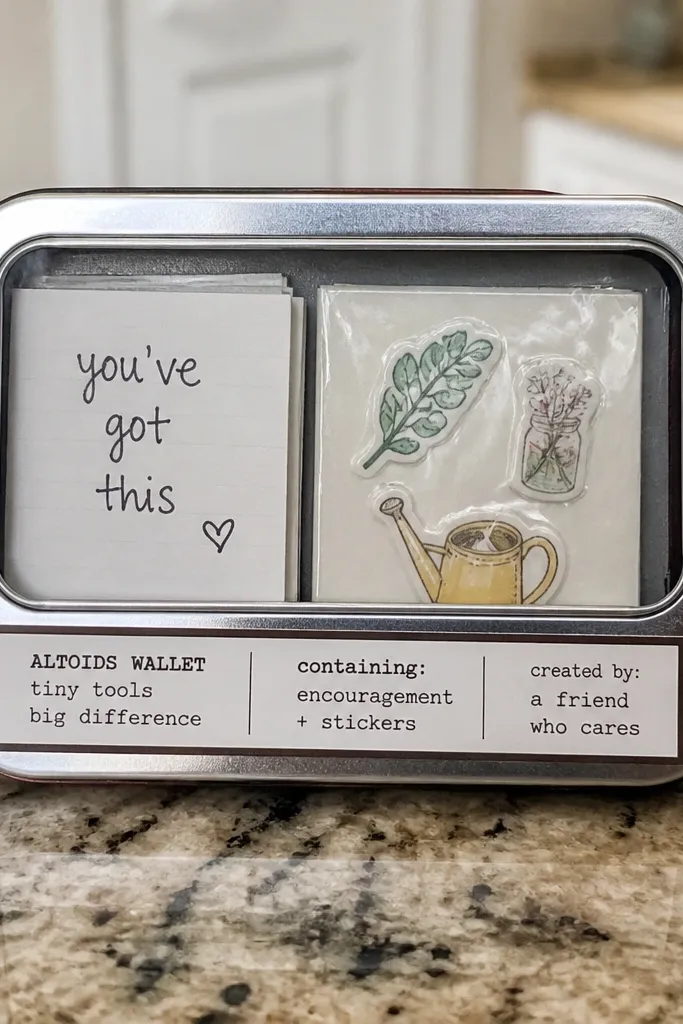 Altoids wallet with a clear vinyl window and a printed label panel inside