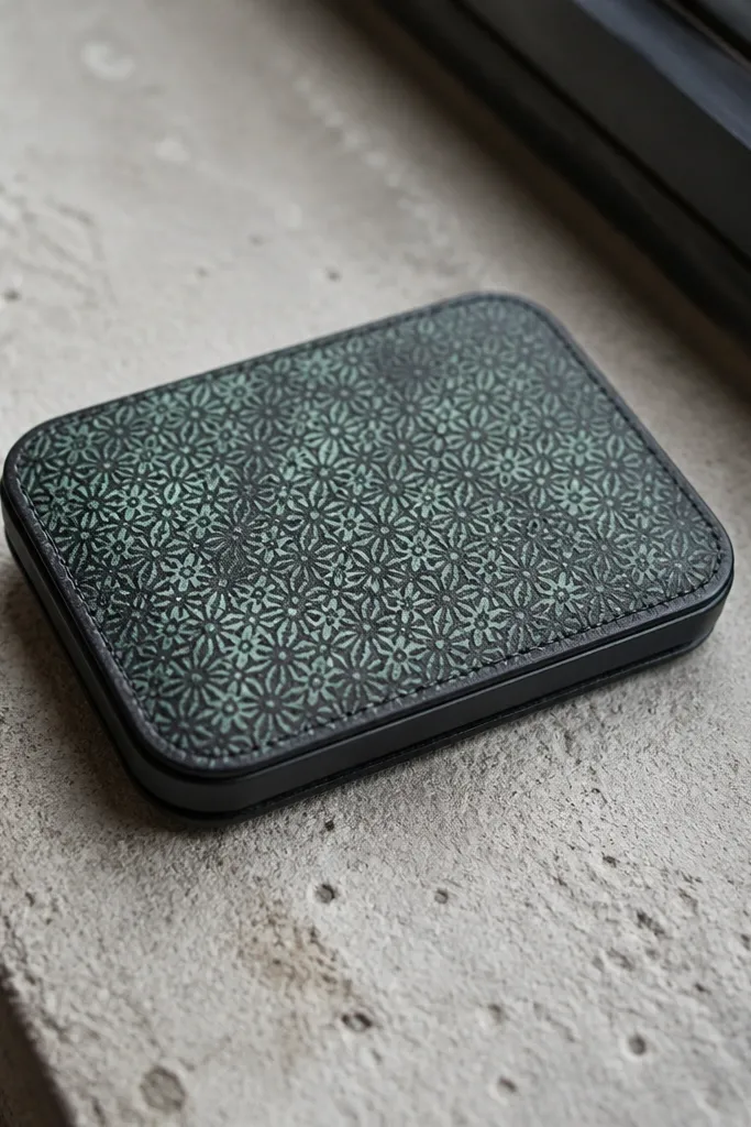 Monochrome Altoids wallet with stamped pattern and soft patina ink effect