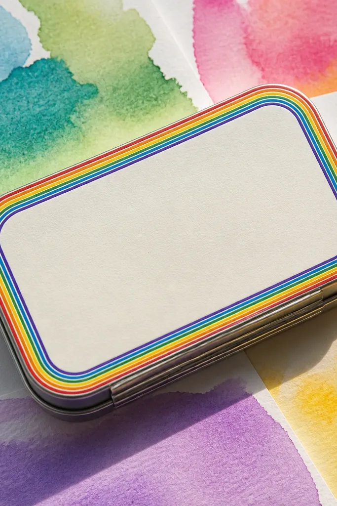 Solid color Altoids wallet with rainbow painted edge lines on the lid