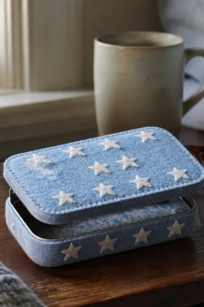 Powder blue felt Altoids wallet with small white star stencils