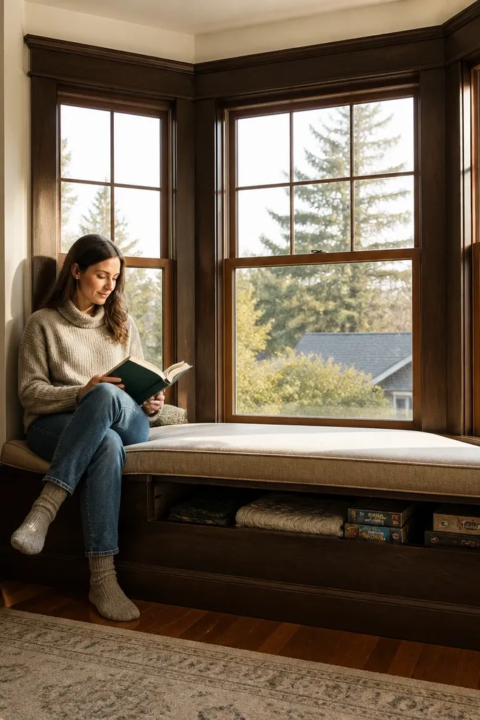 Wood bay window seat with a hinged top and a thick cushion