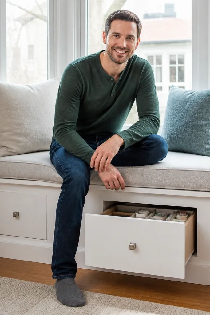 Bay window seat with multiple drawers and a cushion on top
