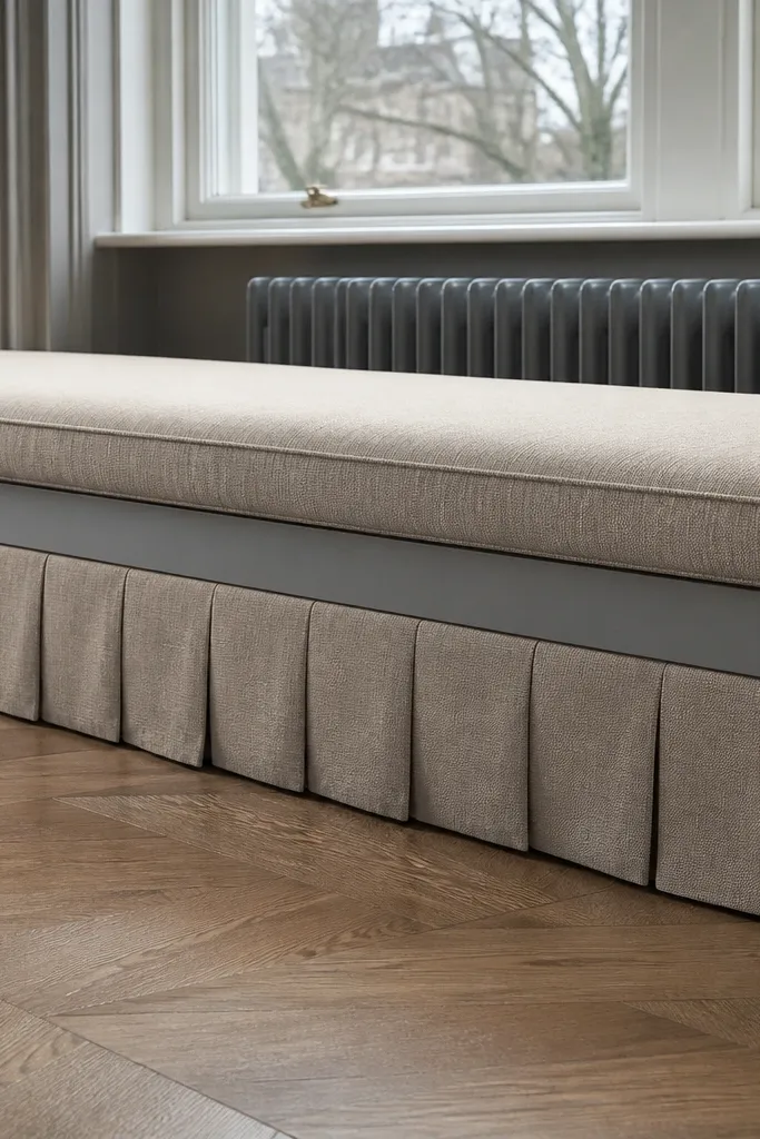 Bay window bench base with a skirt and cushion top, no storage