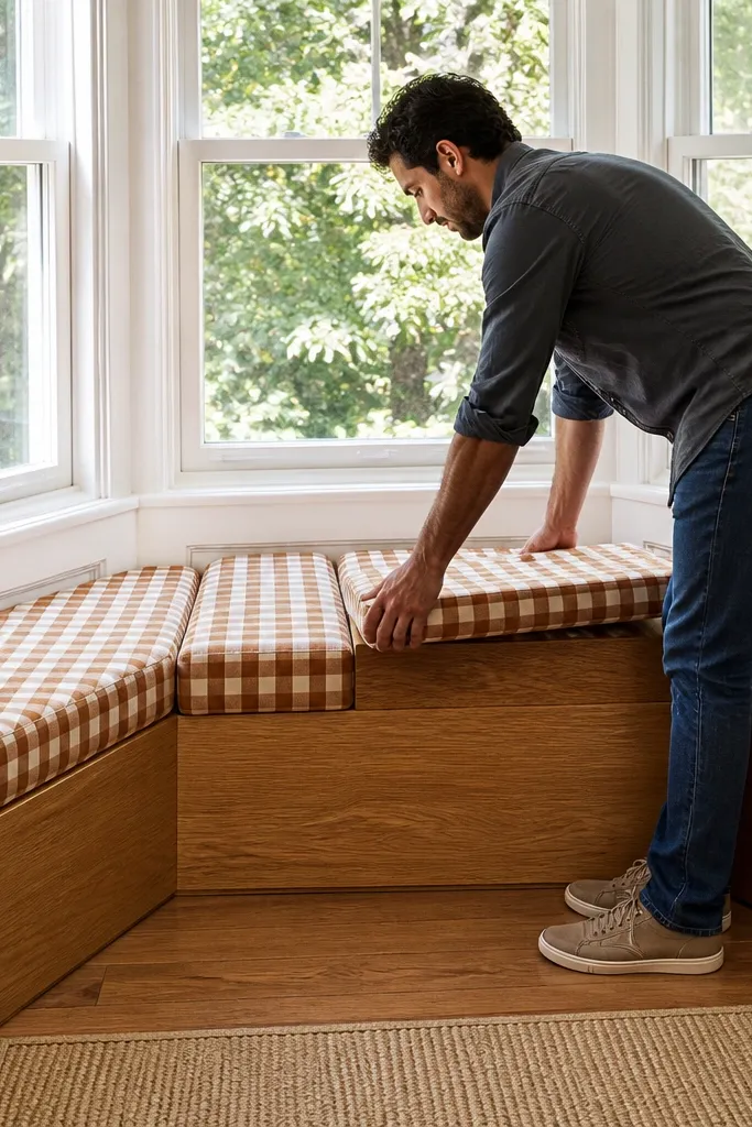 Low plywood platform under a bay window with removable cushions