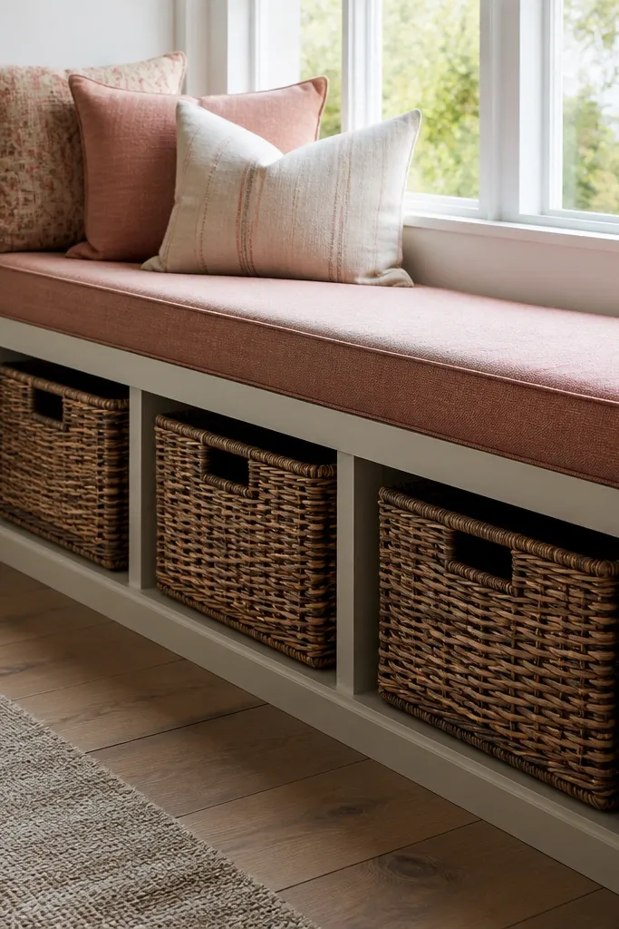 Bench under bay window with baskets stored underneath and cushion on top