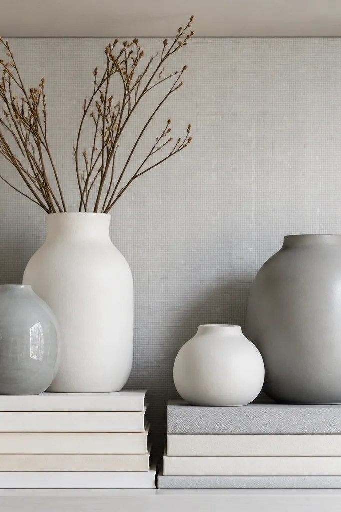 White and gray ceramic vases on stacked books with matching neutral decor