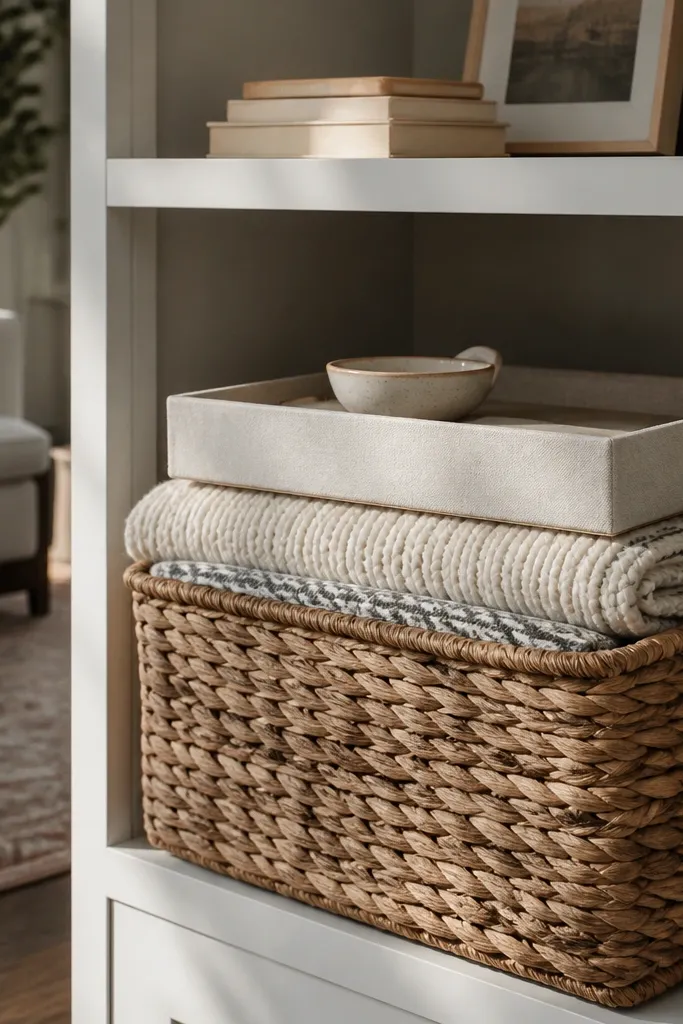 Woven baskets and a linen tray styled on built-in shelves with neutral accents