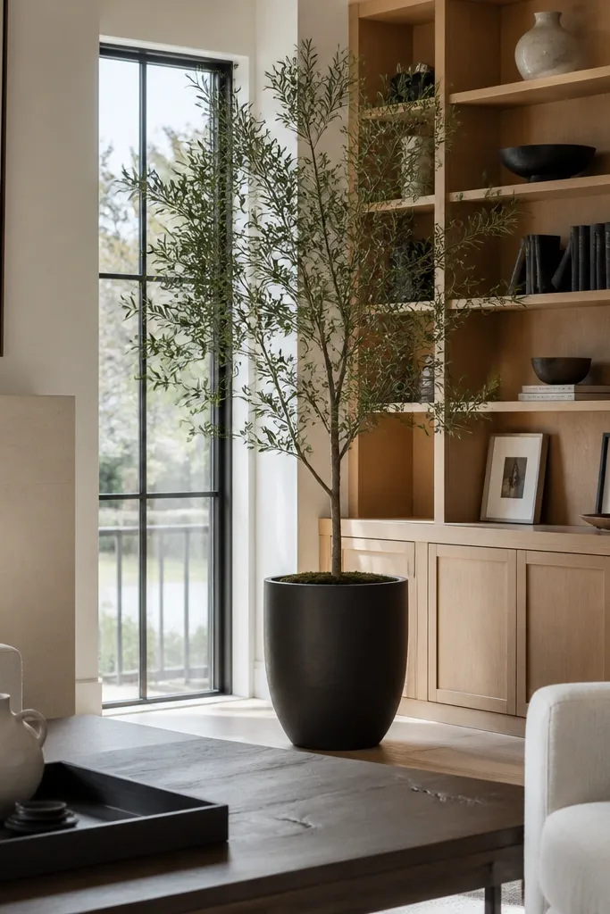 Tall leafy plant beside minimal frames on built-in shelves