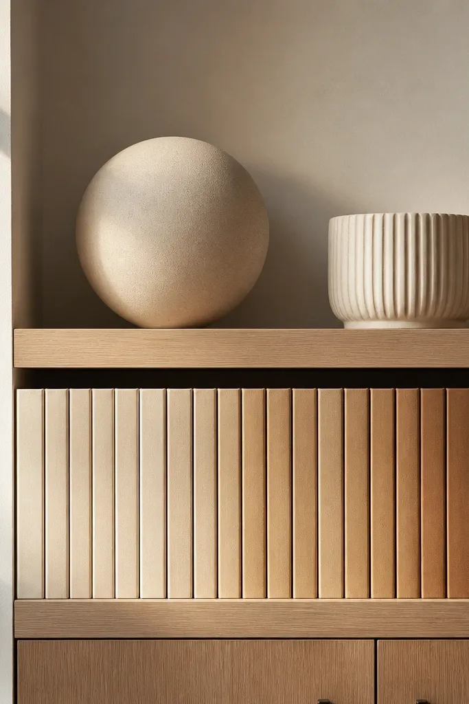 Books arranged by spine color gradient with two sculptural objects on shelves