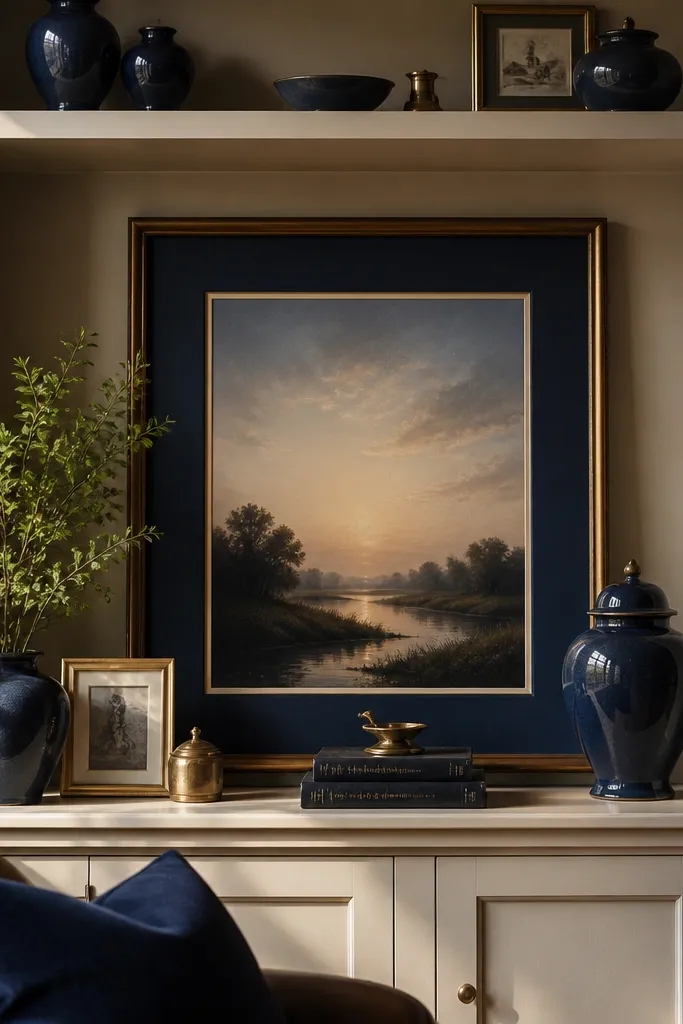 Navy decor with brass accents and one large framed print on built-in shelves