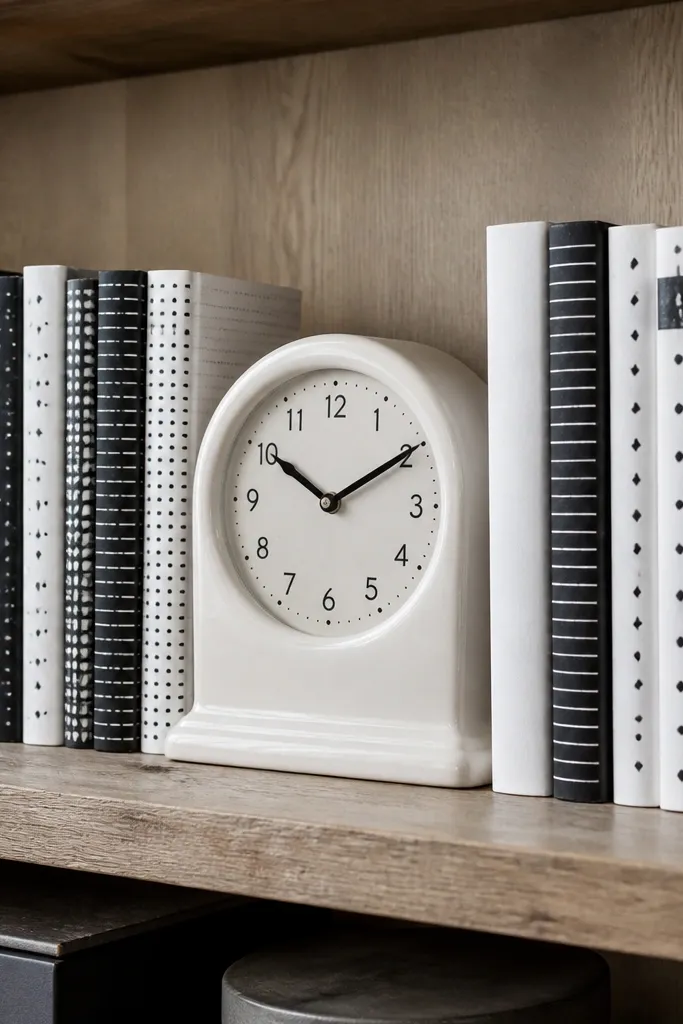 Black and white graphic books with a ceramic clock and small decor