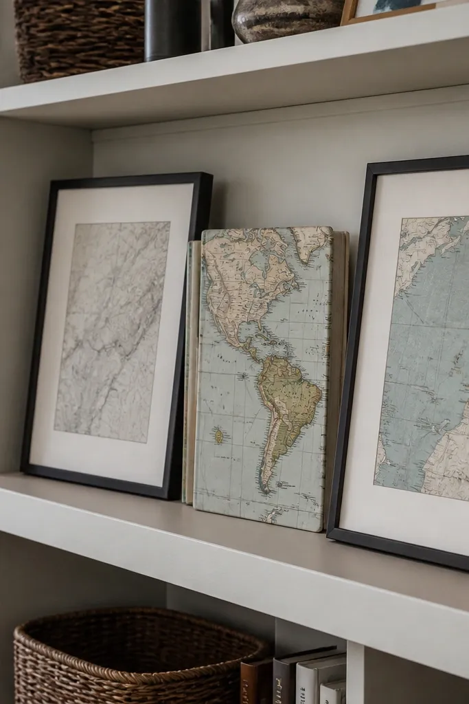 Map-themed book stack with framed prints and neutral decor on built-in shelves