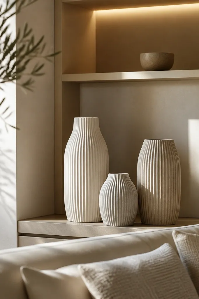 Three ribbed vases in neutral tones with a low book ledge on shelves