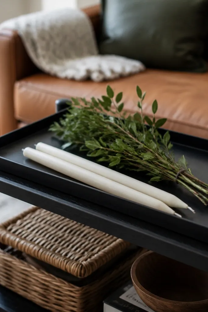 Wood tray with candles and slim stems on built-in shelves