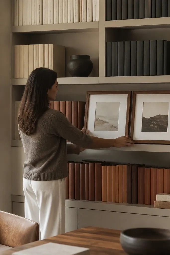 Books arranged in color blocks with two matching frames on built-in shelves