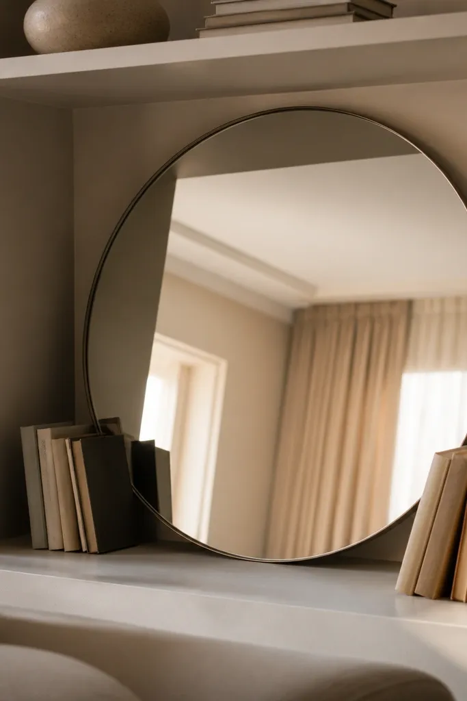 Round mirror leaning with books and small decor on built-in shelves
