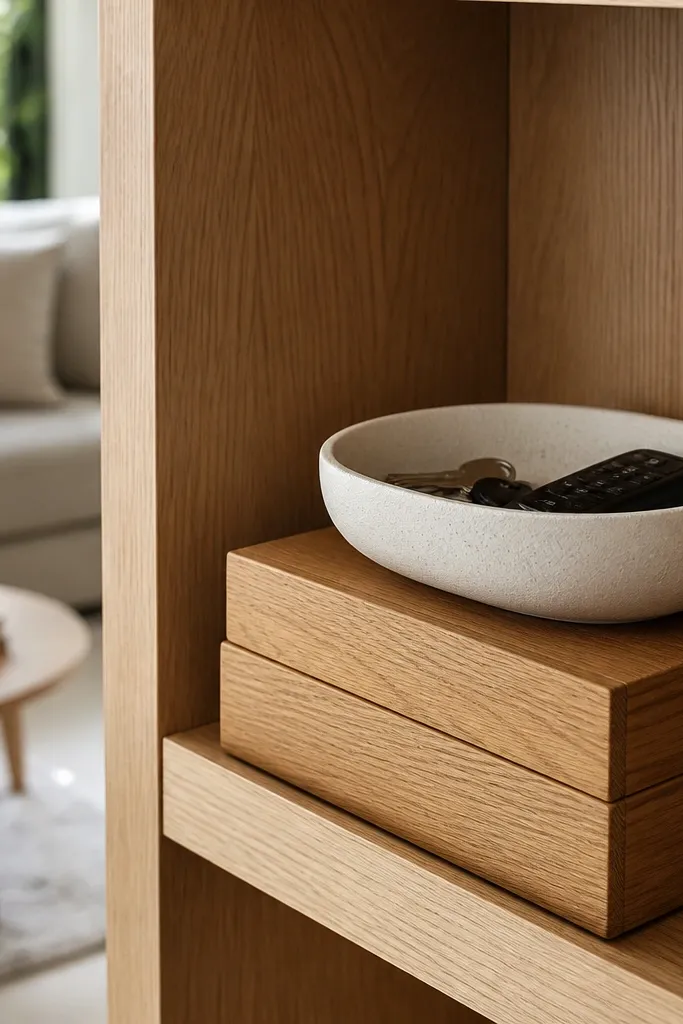 Stacked wooden boxes with a ceramic catchall and small decor on shelves