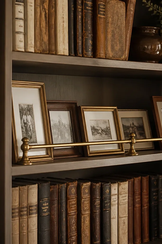 Vintage book stack with a brass ledge holding a small framed