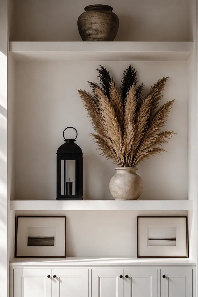 Black lantern with dried pampas and neutral decor on built-in shelves