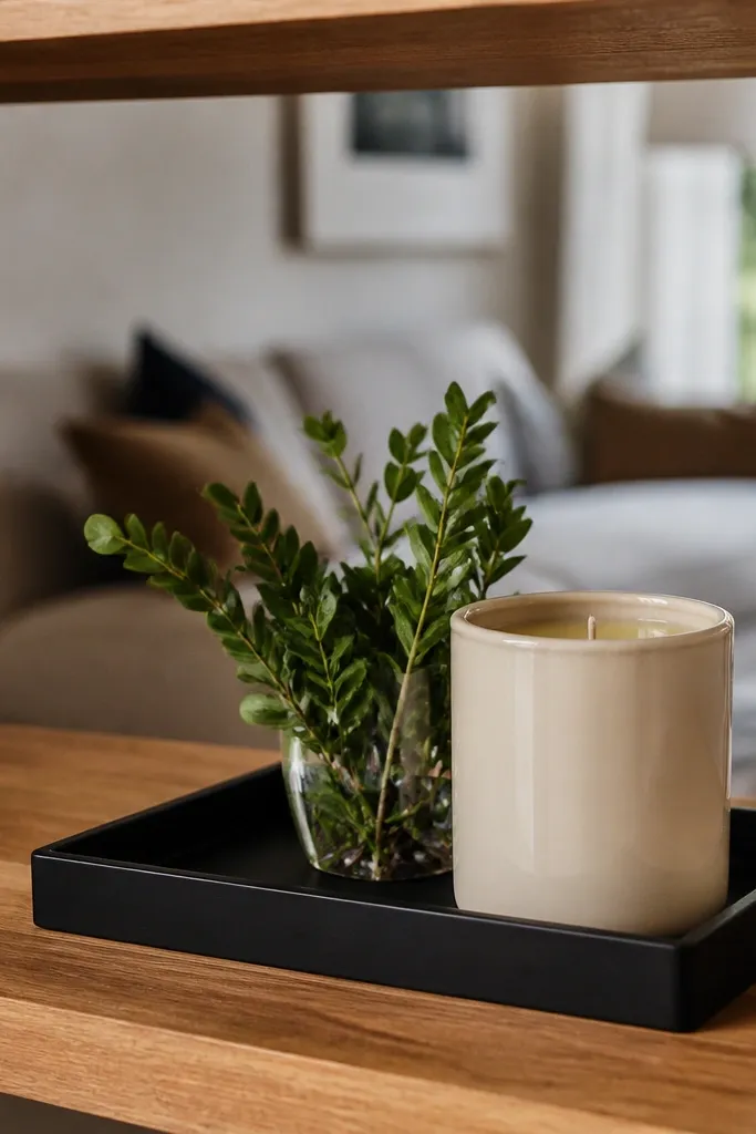 Black tray with cream candle and small greenery on built-in shelves