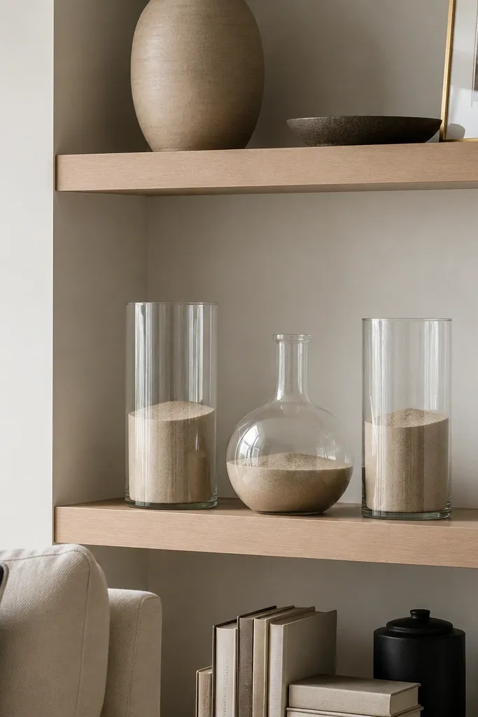 Clear glass vessels with one color filler like sand or dried leaves