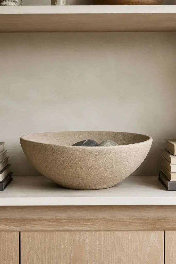 Oversized ceramic bowl centered with two book stacks on either side