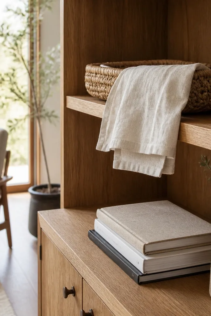 Warm wood decor with white linen texture and stacked books on built-in shelves