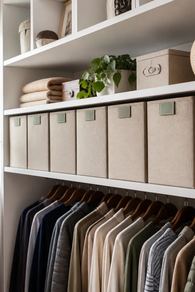 Fabric bins on a closet shelf with uniform label tabs on the front